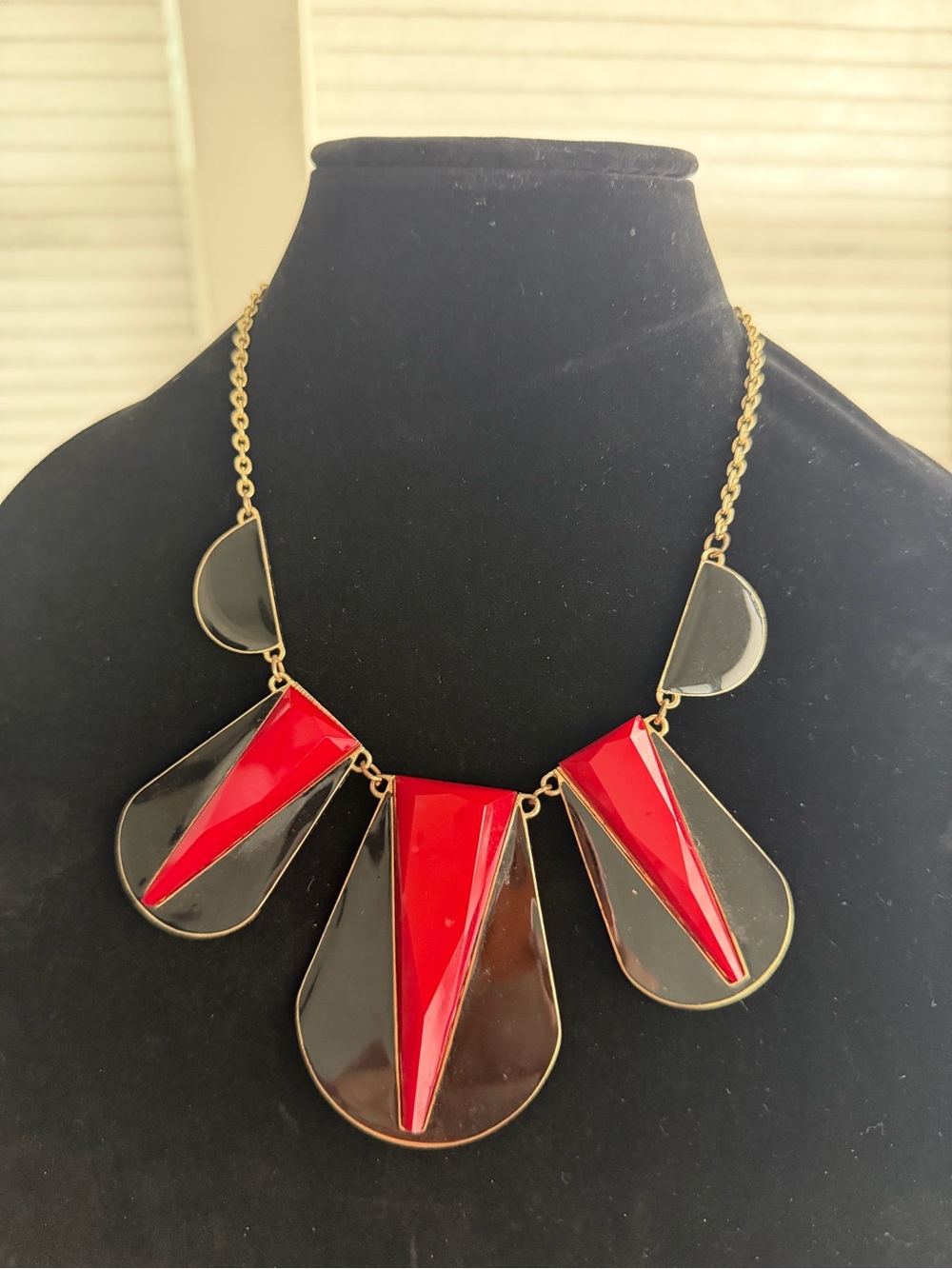 Gold-Tone Necklace with Red and Black Geometric Pendants